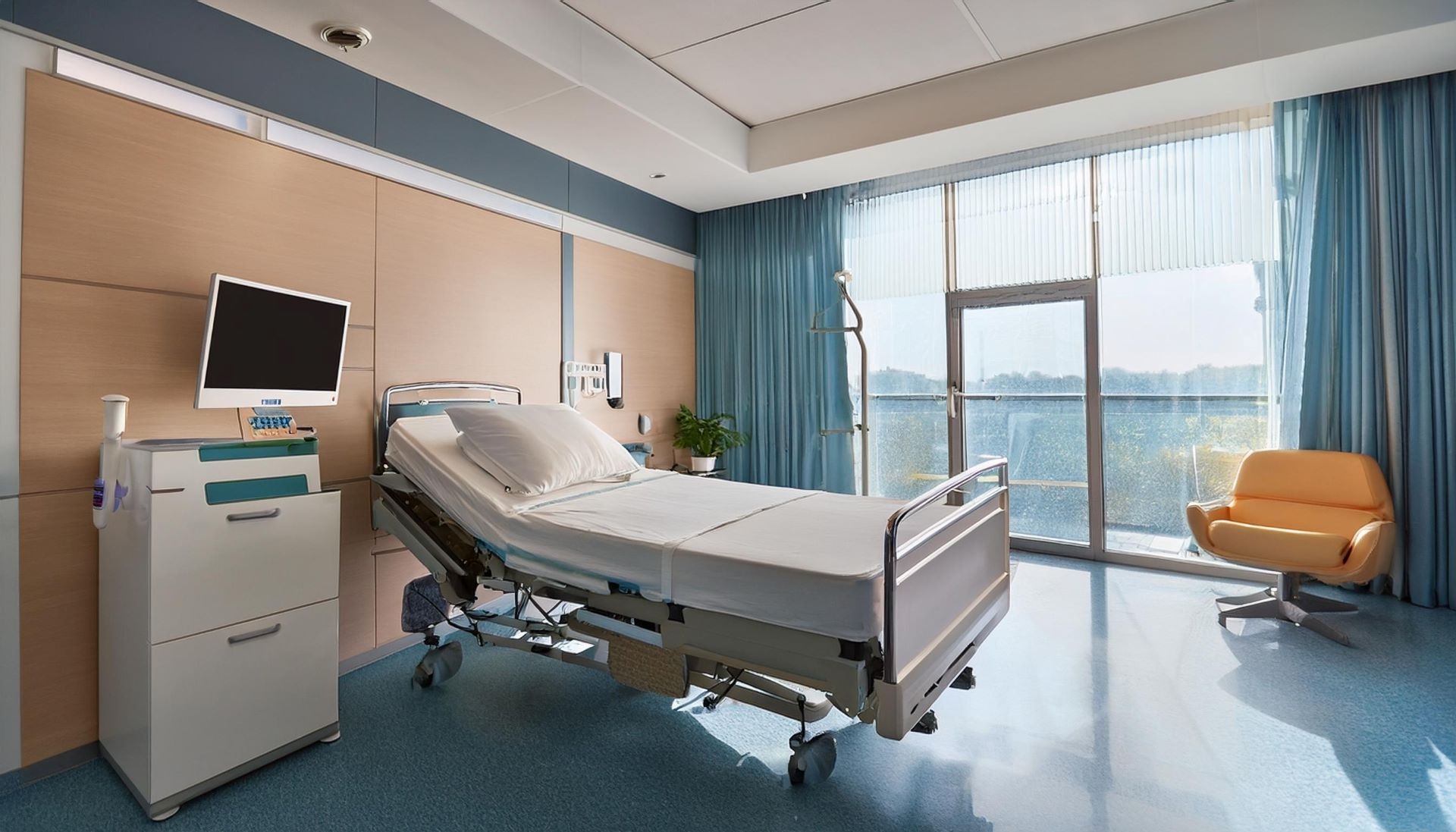  A hospital room with a bed and a monitor