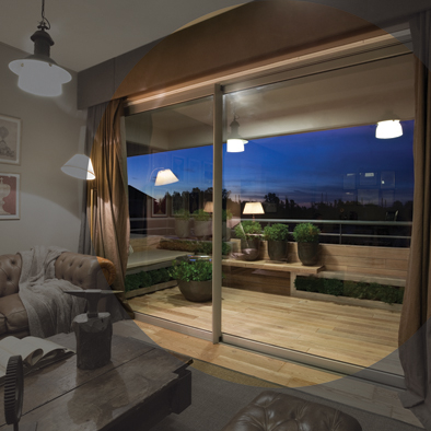 a room with a large glass window