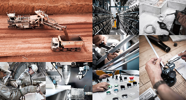 stages of aluminium production; bauxite excavation, melting, measuring