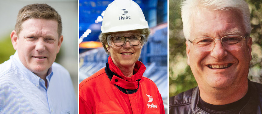 Fra venstre: Leder for European Works Council i Hydro Tor Egil Skulstad, konsernsjef Hilde Merete Aasheim og fagforeningsleder for LO i Hydro Lars Kjetil Skeie.