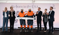 The state-of-the-art aluminium recycling plant was officially opened on Thursday, November 16. From left: Emilie LaGrow, Village Manager Cassopolis, Hilde Merete Aasheim, President & CEO Hydro, Dre Kiser, Production Operator, Tyler First, Production Operator, Tore Onshuus Sandvik, State Secretary Labour Party, Jen Nelson, Chief Operating Officer, Michigan Economic Development Corporation and Eivind Kallevik, Executive Vice President Hydro Aluminium Metal. Dre and Tyler, who have known each other since first grade, are holding a bumper beam for cars made with recycled aluminium.