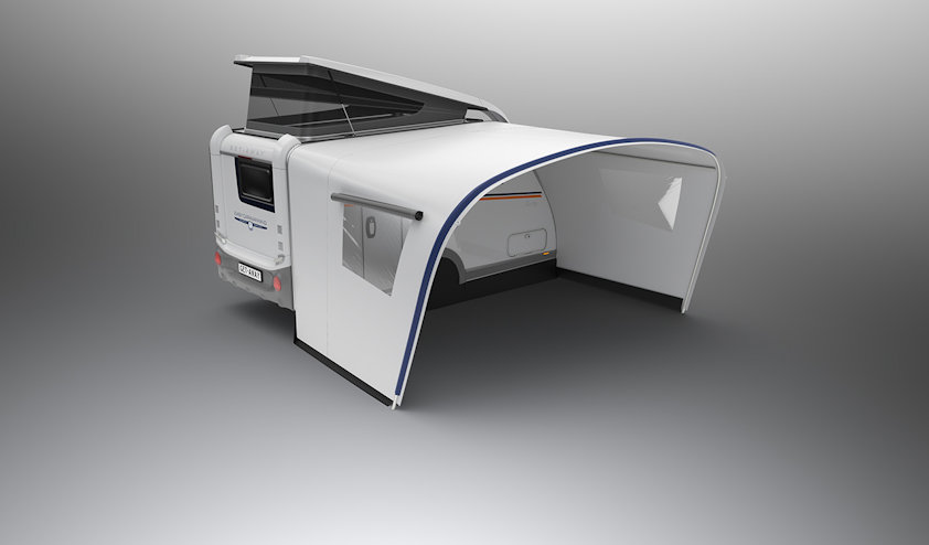 a white and blue caravan
