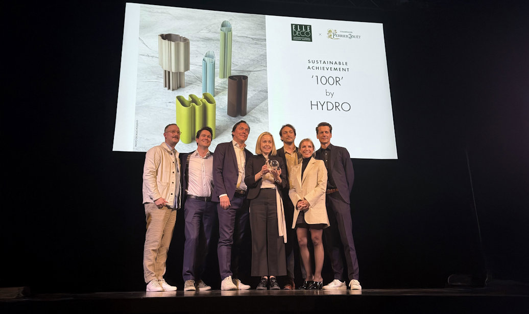 Hydro received the EDIDA award at Milan Design Week. From left: Lars Beller Fjetland (Designer og Art Director), Nicolay Schweigaard (Hydro), Marijn Rietveld (Hydro), Erika Ahlqvist (Hydro), Herman Kristoffer Skjølsvik (Hydro), representative from ELLE Decoration and Asle Forsbak (Hydro).