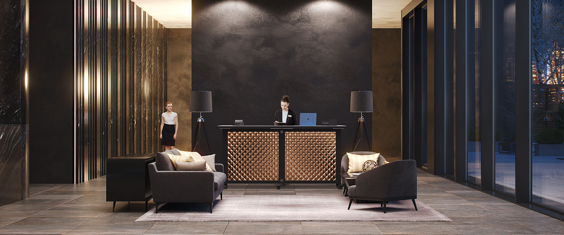 a person standing at a podium in front of a large screen